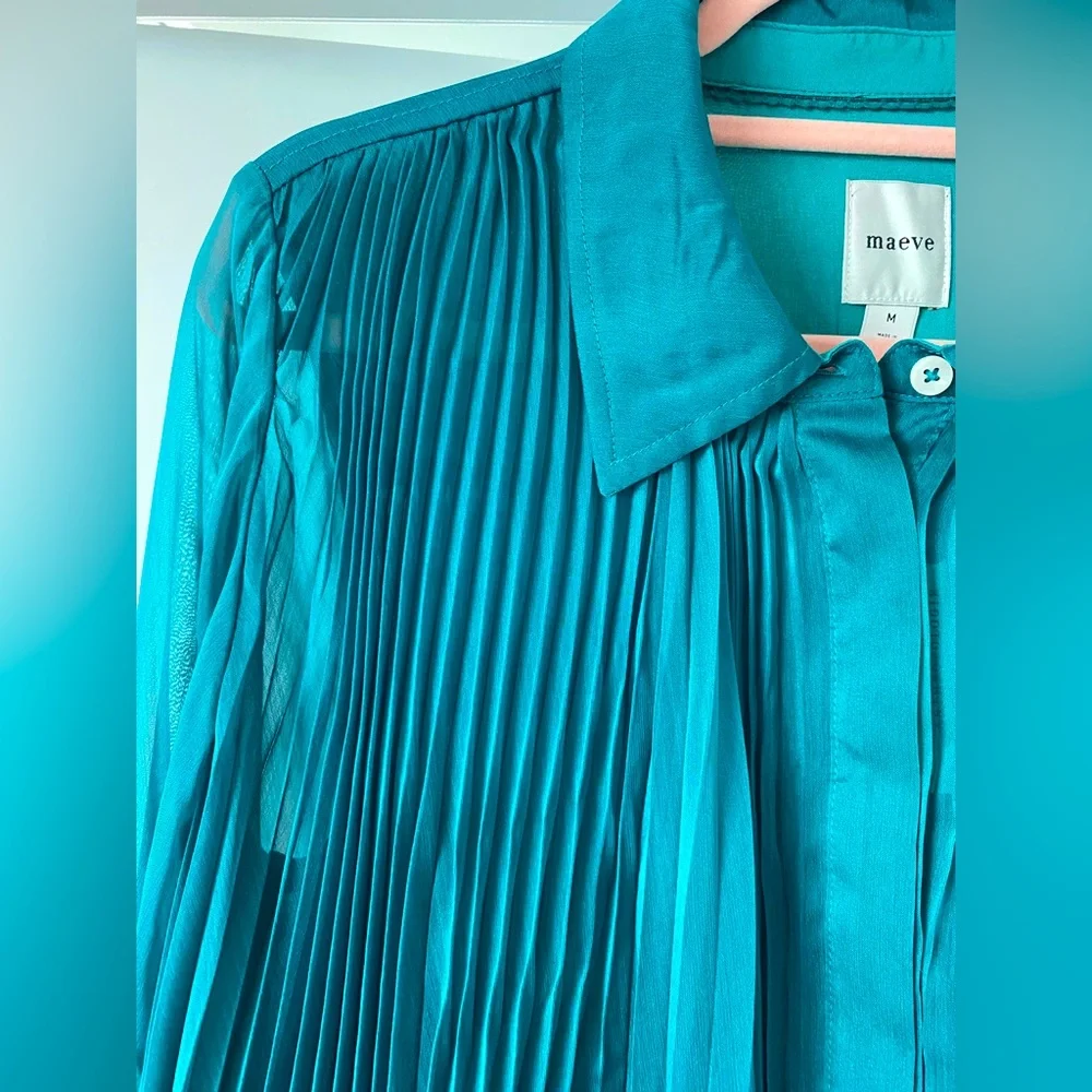 Maeve by Anthropologie l Sheer Pleated Cape Sleeve Blouse in Blue Green - Picture 8 of 12